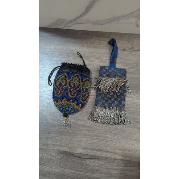 Beaded  Woven Drawstring Pouch Lot 2 Unique Bags Fringed & Patterned Small Vinta - Picture 5 of 10